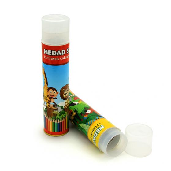 بسته‌بندی مداد رنگی با قوطی مقوایی قابل بازیافت | مناسب مدرسه و طراحی کودکانه